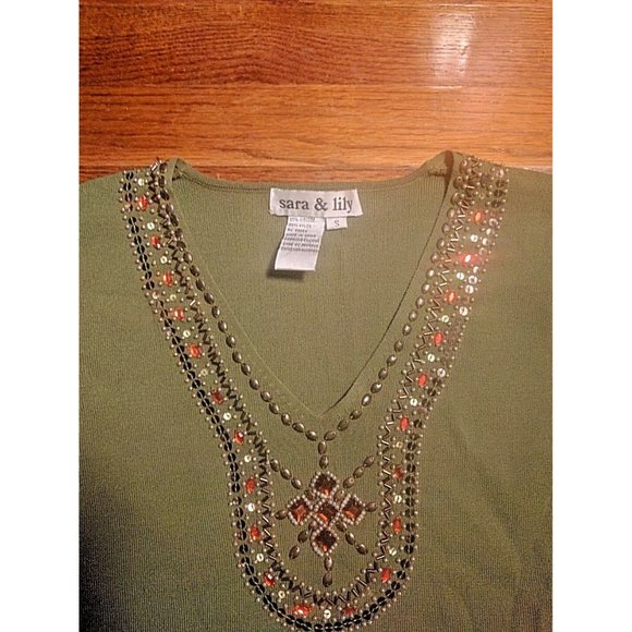 Sara & Lily Womens Top Size Small Green Long Sleeve V Neck Embellished - Picture 11 of 11
